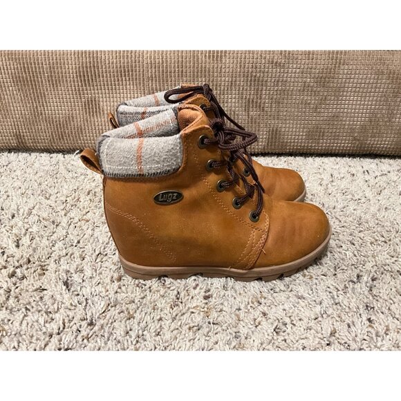 Lugz Womens Brown Ankle Boots With Plaid Collar & Wedge Heel Size 6 Faux Leather - Picture 4 of 11